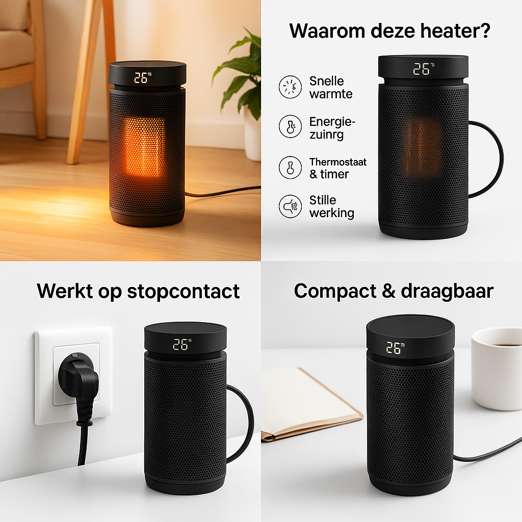 Smart heater 2000W – compacte elektrische kachel 27,3 × 14 cm met afstandsbediening