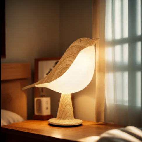 Livideco Nachtvogel Lamp met warm diffuus licht op nachtkastje