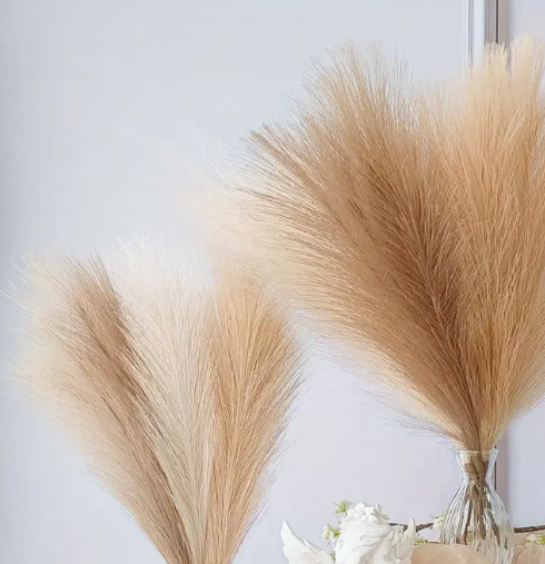 Set van 2 boho vaas veren in geel, bruin en beige voor interieurdecoratie