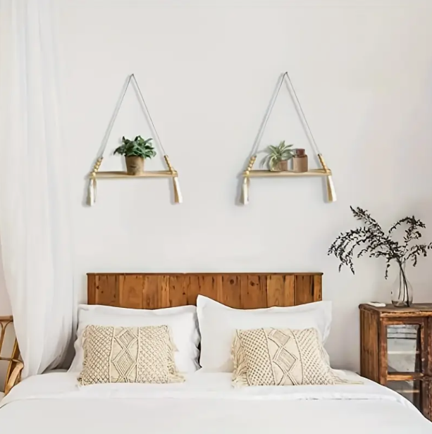 Boho zwevende wandplank van hout en touw voor interieurdecoratie