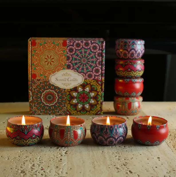 Boho Kaarsenset van 4 natuurlijke geurkaarsen in elegant potje