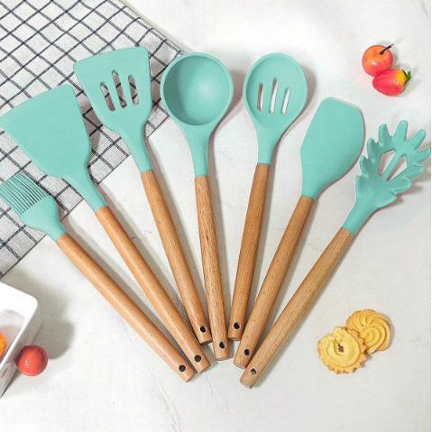 7-delige Siliconen Keukenset met Houten Handgrepen – Verkrijgbaar in 5 Kleuren